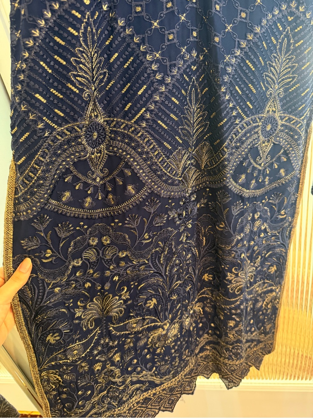 Navy Embroidered Sheer Long Kurta With Gold Threadwork View 5